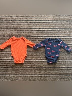 Old Navy Orange Long-Sleeve Bodysuit & Navy Car-Print One-Piece